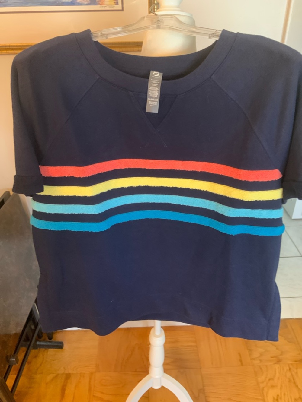 Lou & Grey Navy Crewneck Sweater with Rainbow Stripe Detail
